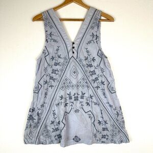 Free People Pale Blue Embroidered V-Neck Tank with Navy Motif